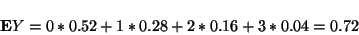\begin{displaymath}{\bf E}Y=0*0.52+1*0.28+2*0.16+3*0.04=0.72\end{displaymath}