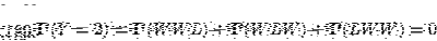 \begin{displaymath}{\bf P}(Y=2)={\bf P}(WWL)+{\bf P}(WLW)+{\bf P}(LWW)=0.189.\end{displaymath}